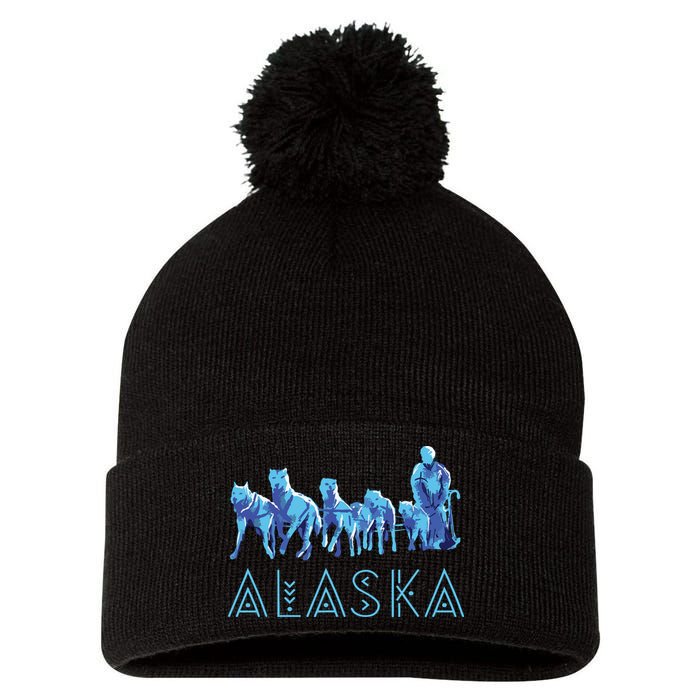 Alaska Sled Dogs Mushing Team Snow Sledding Mountain Scene Pom Pom 12in Knit Beanie