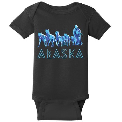 Alaska Sled Dogs Mushing Team Snow Sledding Mountain Scene Baby Bodysuit
