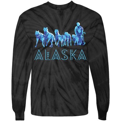 Alaska Sled Dogs Mushing Team Snow Sledding Mountain Scene Tie-Dye Long Sleeve Shirt