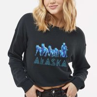 Alaska Sled Dogs Mushing Team Snow Sledding Mountain Scene Cropped Pullover Crew