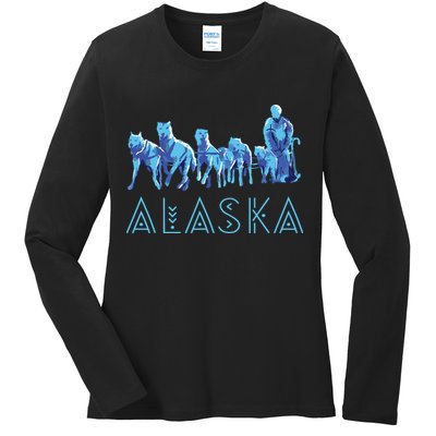 Alaska Sled Dogs Mushing Team Snow Sledding Mountain Scene Ladies Long Sleeve Shirt