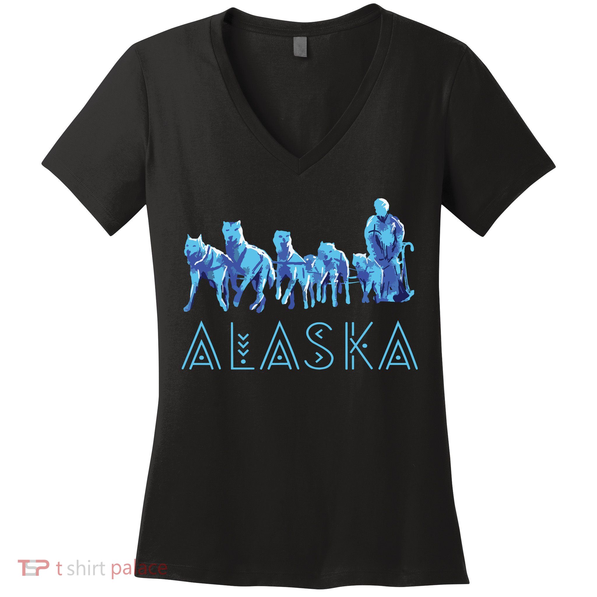 Alaska Sled Dogs Mushing Team Snow Sledding Mountain Scene Women's V-Neck T-Shirt