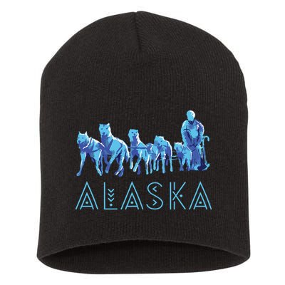 Alaska Sled Dogs Mushing Team Snow Sledding Mountain Scene Short Acrylic Beanie