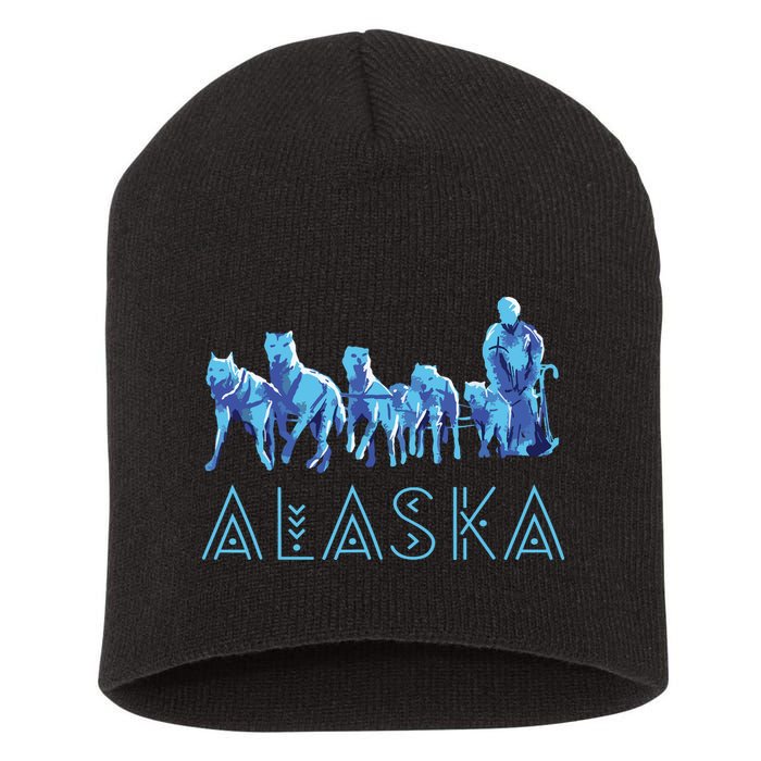 Alaska Sled Dogs Mushing Team Snow Sledding Mountain Scene Short Acrylic Beanie