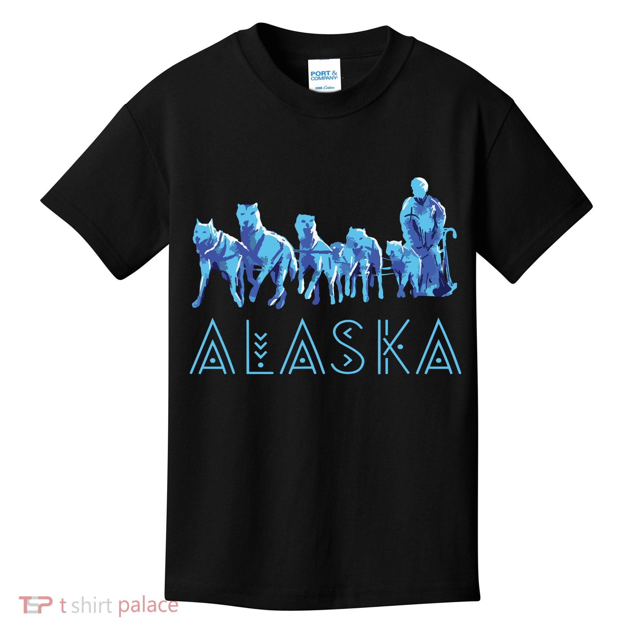 Alaska Sled Dogs Mushing Team Snow Sledding Mountain Scene Kids T-Shirt