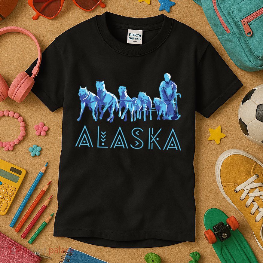 Alaska Sled Dogs Mushing Team Snow Sledding Mountain Scene Kids T-Shirt