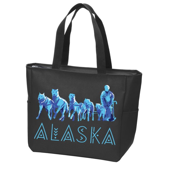 Alaska Sled Dogs Mushing Team Snow Sledding Mountain Scene Zip Tote Bag