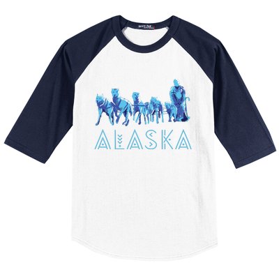 Alaska Sled Dogs Mushing Team Snow Sledding Mountain Scene Baseball Sleeve Shirt