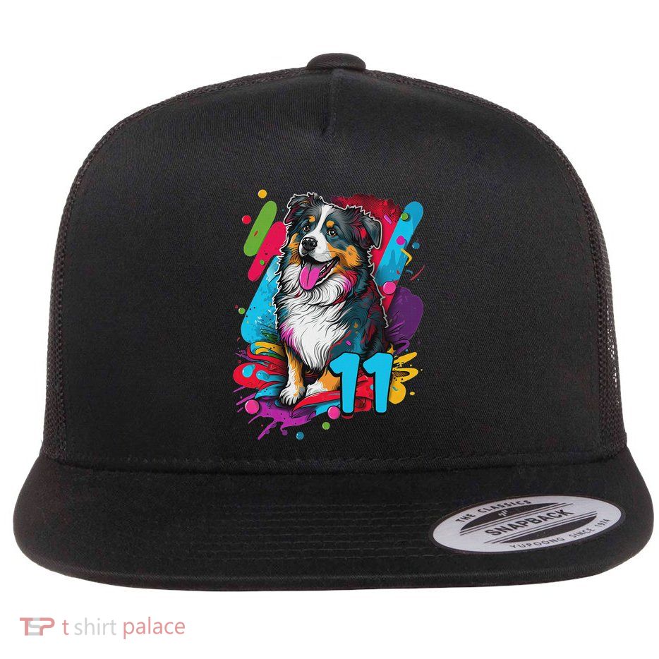 Australian Shepherd Dog 11th Birthday Themed Party 11 Years Flat Bill Trucker Hat