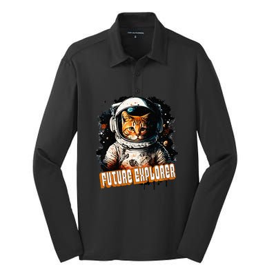 Astronaut Space Future Explorer Funny Cat Silk Touch Performance Long Sleeve Polo