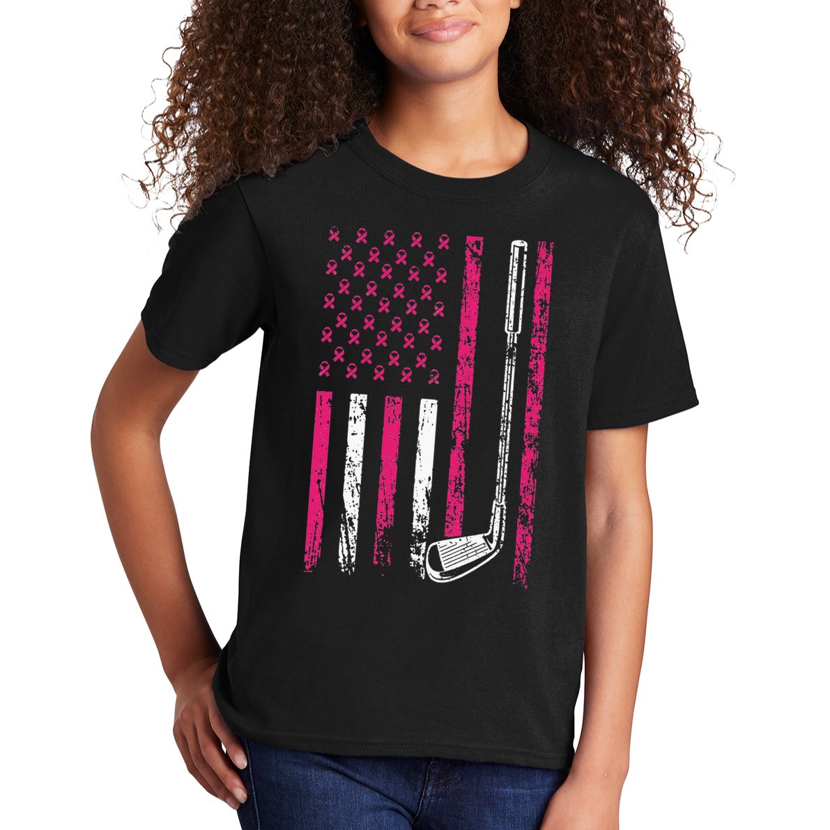 American Sports Flag Breast Cancer Awareness Golf Club Kids T-Shirt