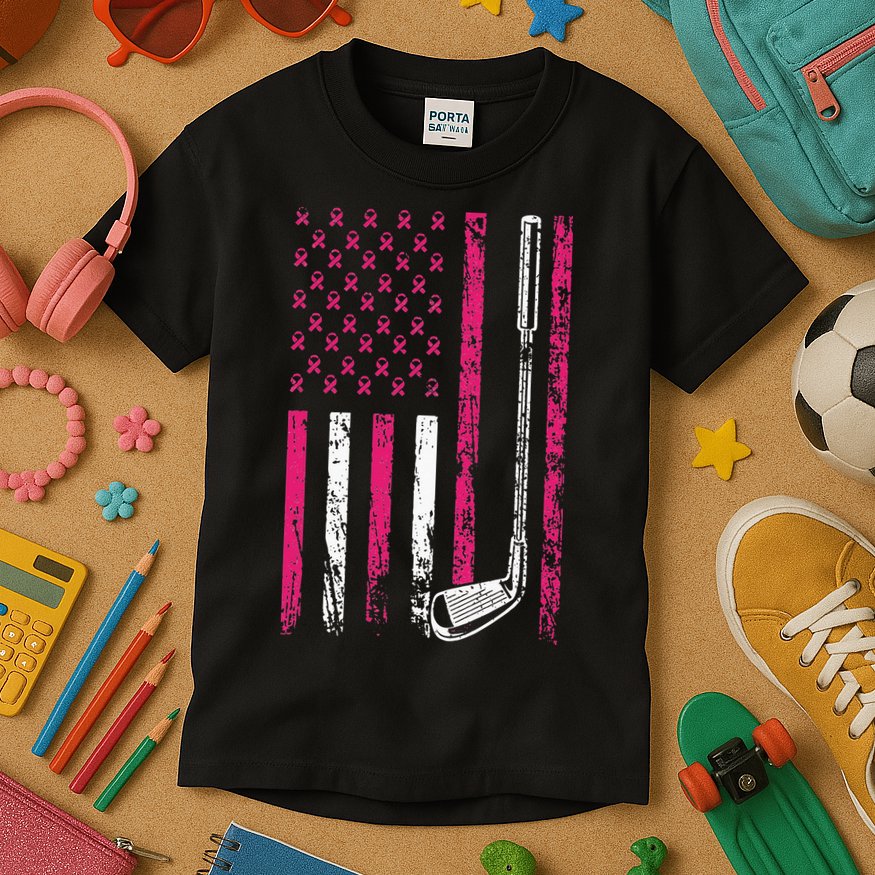American Sports Flag Breast Cancer Awareness Golf Club Kids T-Shirt