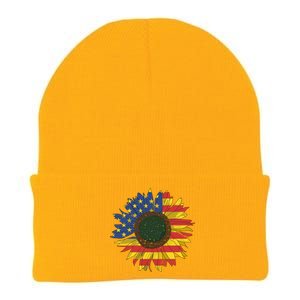 America Sunflower Flag 4th July American Patriotic Flower Gift Knit Cap Winter Beanie