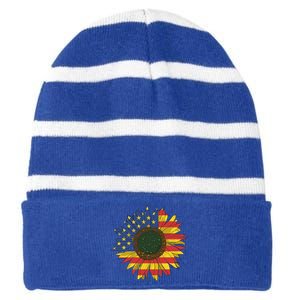 America Sunflower Flag 4th July American Patriotic Flower Gift Striped Beanie with Solid Band