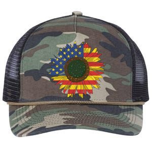 America Sunflower Flag 4th July American Patriotic Flower Gift Retro Rope Trucker Hat Cap