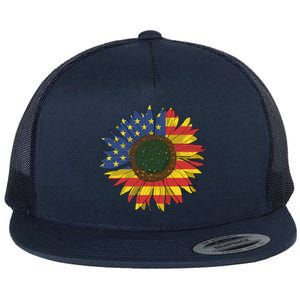 America Sunflower Flag 4th July American Patriotic Flower Gift Flat Bill Trucker Hat