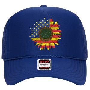 America Sunflower Flag 4th July American Patriotic Flower Gift High Crown Mesh Back Trucker Hat