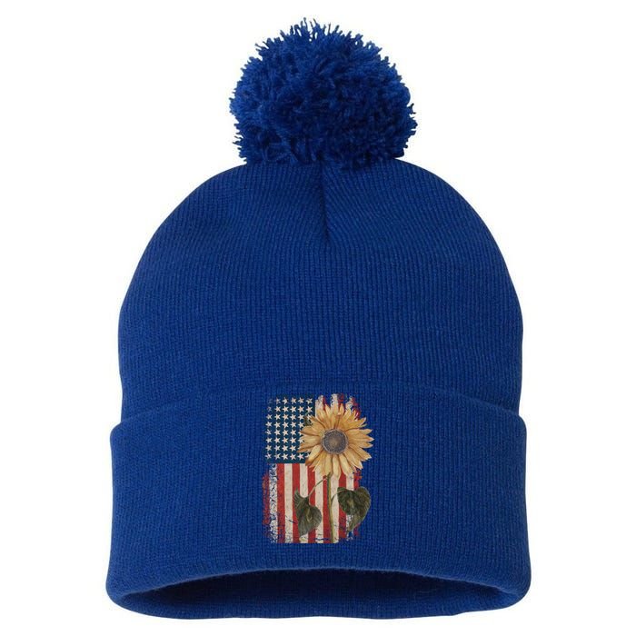 America Sunflower Flag 4th July American Patriotic Flower Gift Pom Pom 12in Knit Beanie