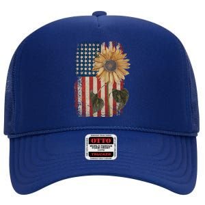 America Sunflower Flag 4th July American Patriotic Flower Gift High Crown Mesh Back Trucker Hat