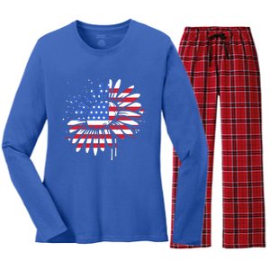 America Sunflower Flag 4th July American Patriotic Flower Cute Gift Women's Long Sleeve Flannel Pajama Set 