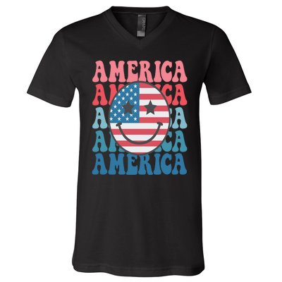 America Smiley Face V-Neck T-Shirt