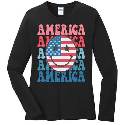 America Smiley Face Ladies Long Sleeve Shirt