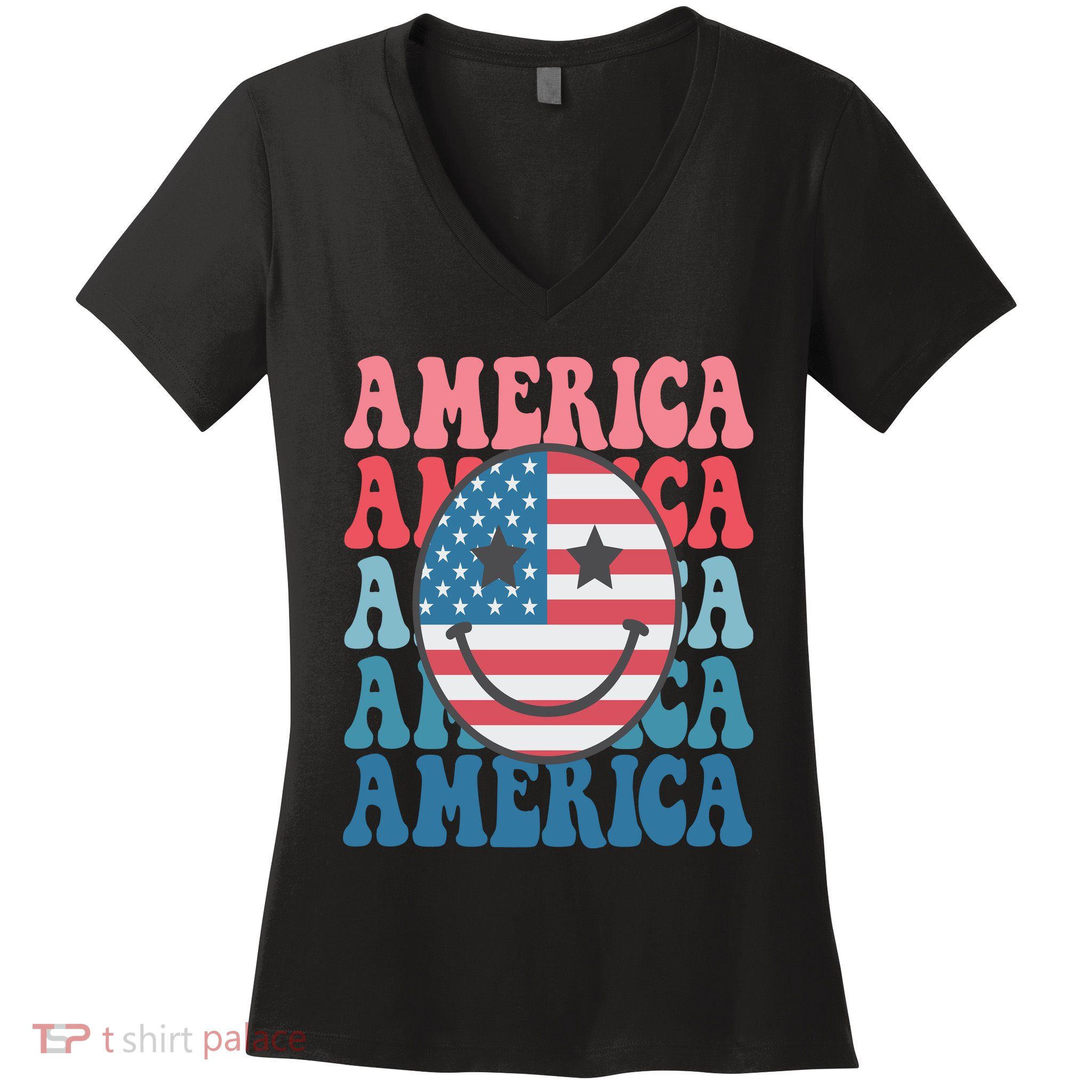 America Smiley Face Women's V-Neck T-Shirt