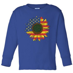 America Sunflower Flag 4th July American Patriotic Flower Cool Gift Toddler Long Sleeve Shirt