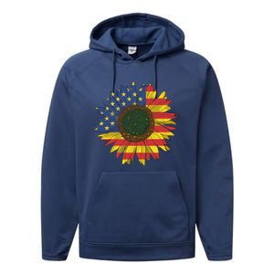 America Sunflower Flag 4th July American Patriotic Flower Cool Gift Performance Fleece Hoodie