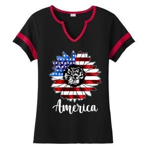 America Sunflower Flag 4th July Ladies Halftime Notch Neck Tee