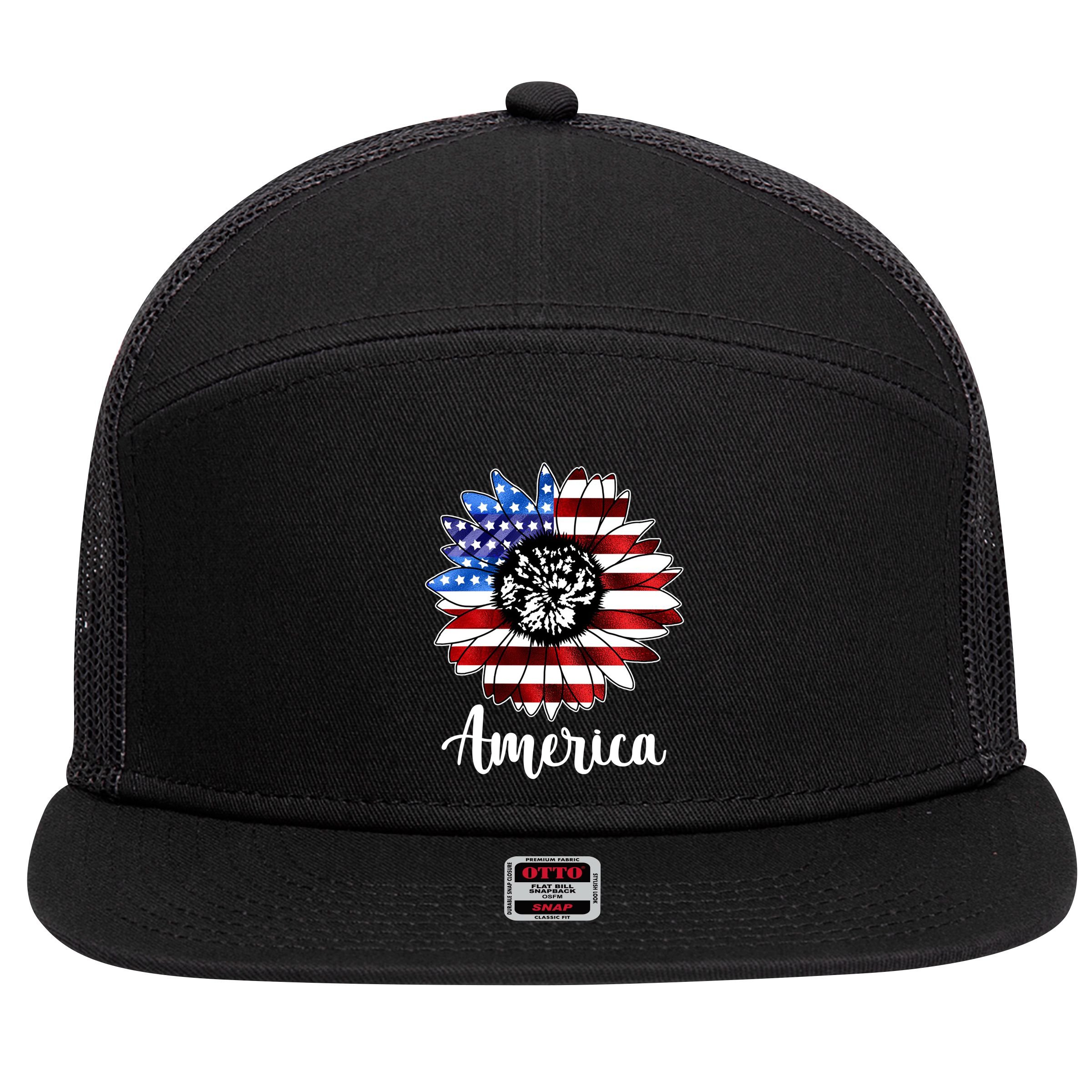 America Sunflower Flag 4th July 7 Panel Mesh Trucker Snapback Hat
