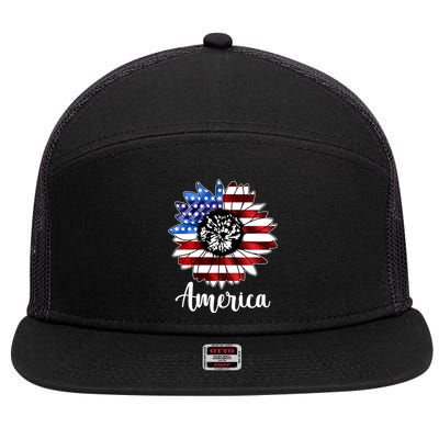 America Sunflower Flag 4th July 7 Panel Mesh Trucker Snapback Hat