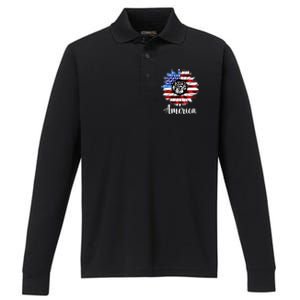 America Sunflower Flag 4th July Performance Long Sleeve Polo