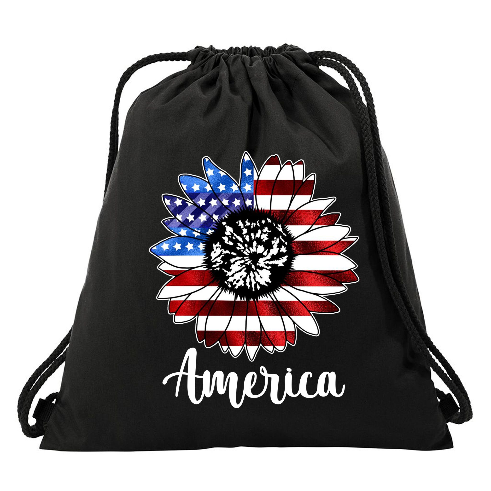 America Sunflower Flag 4th July Drawstring Bag