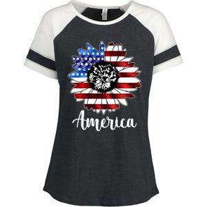 America Sunflower Flag 4th July Enza Ladies Jersey Colorblock Tee