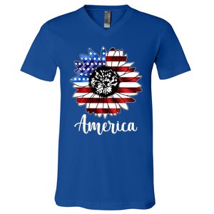 America Sunflower Flag 4th July V-Neck T-Shirt