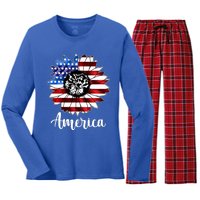 America Sunflower Flag 4th July Women's Long Sleeve Flannel Pajama Set 