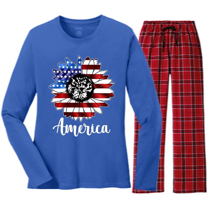 America Sunflower Flag 4th July Women's Long Sleeve Flannel Pajama Set 