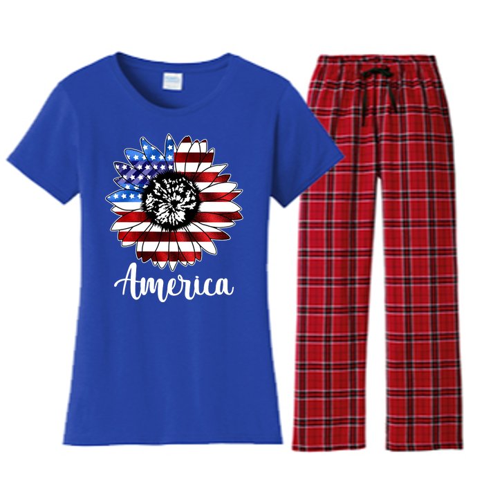 America Sunflower Flag 4th July Women's Flannel Pajama Set