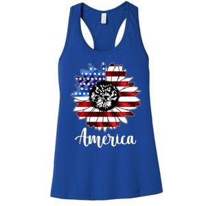 America Sunflower Flag 4th July Women's Racerback Tank