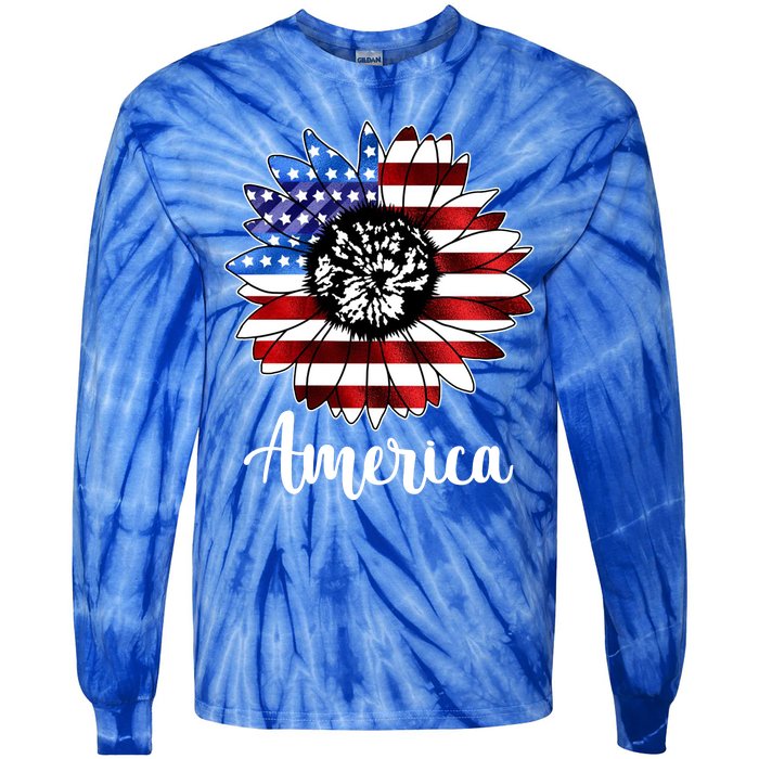 America Sunflower Flag 4th July Tie-Dye Long Sleeve Shirt