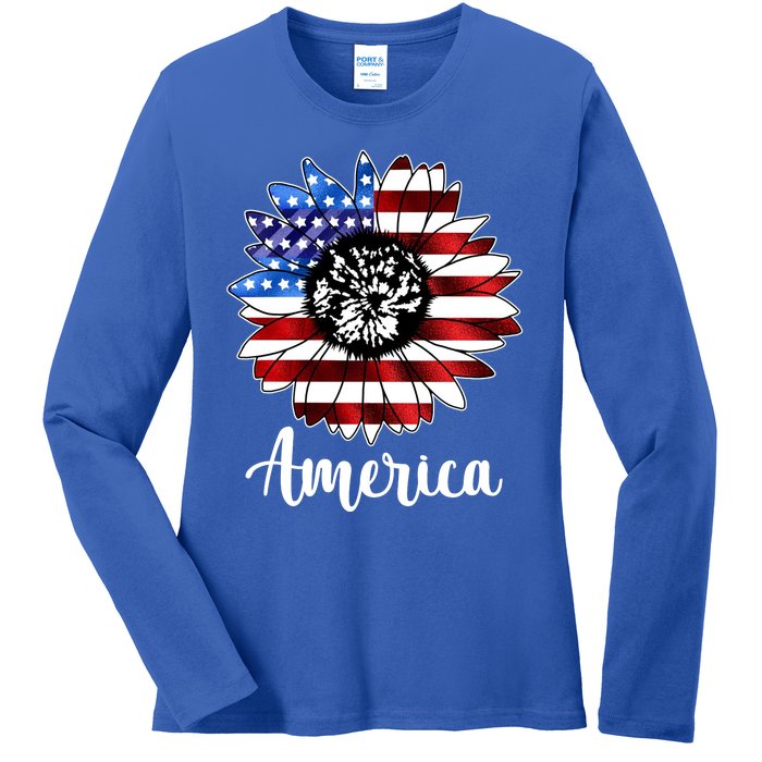 America Sunflower Flag 4th July Ladies Long Sleeve Shirt