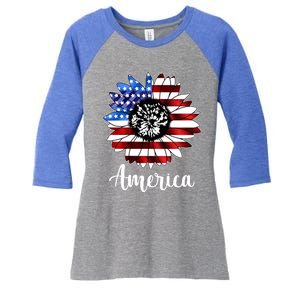 America Sunflower Flag 4th July Women's Tri-Blend 3/4-Sleeve Raglan Shirt