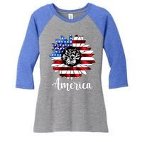 America Sunflower Flag 4th July Women's Tri-Blend 3/4-Sleeve Raglan Shirt