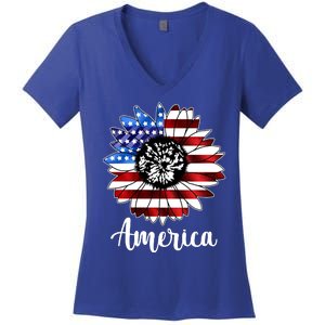 America Sunflower Flag 4th July Women's V-Neck T-Shirt