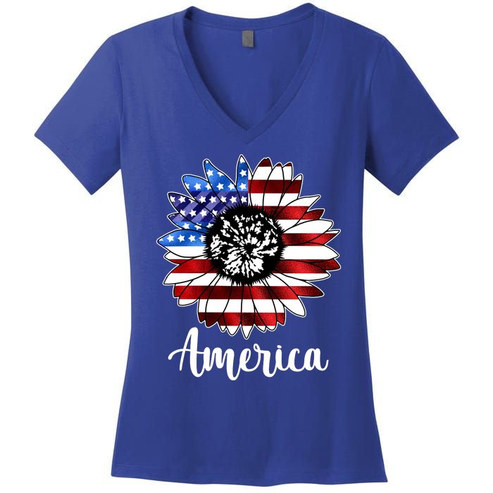 America Sunflower Flag 4th July Women's V-Neck T-Shirt