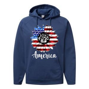 America Sunflower Flag 4th July Performance Fleece Hoodie