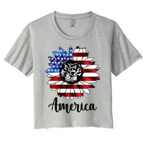 America Sunflower Flag 4th July Women's Crop Top Tee