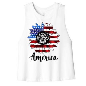 America Sunflower Flag 4th July Women's Racerback Cropped Tank