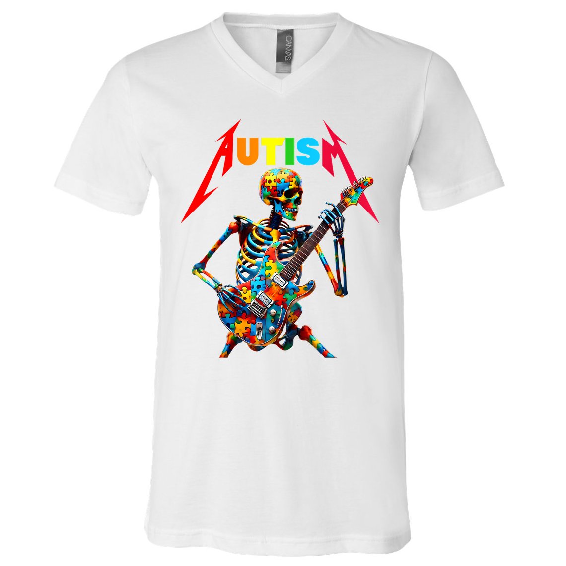 Autism Skeleton Guitar Player Rock Music Autism Awareness V-Neck T-Shirt